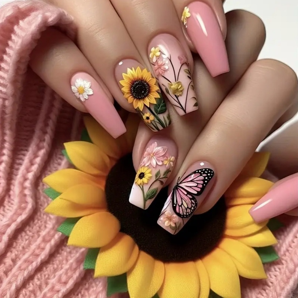 Pink Butterfly & Sunflower Press On Nail Art Reusable 24 pc Medium NWT